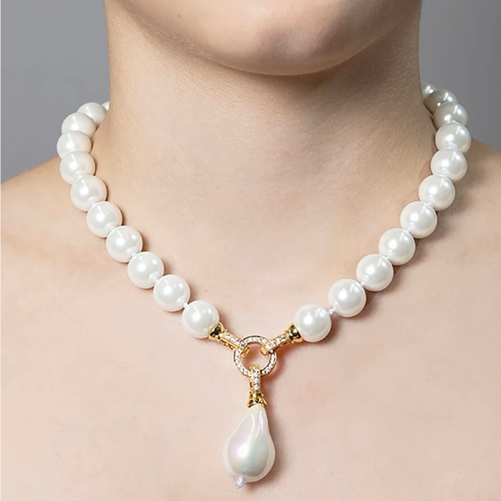 South Sea White Pearls with Pave-Set Crystals Set in 14K Plated Gold